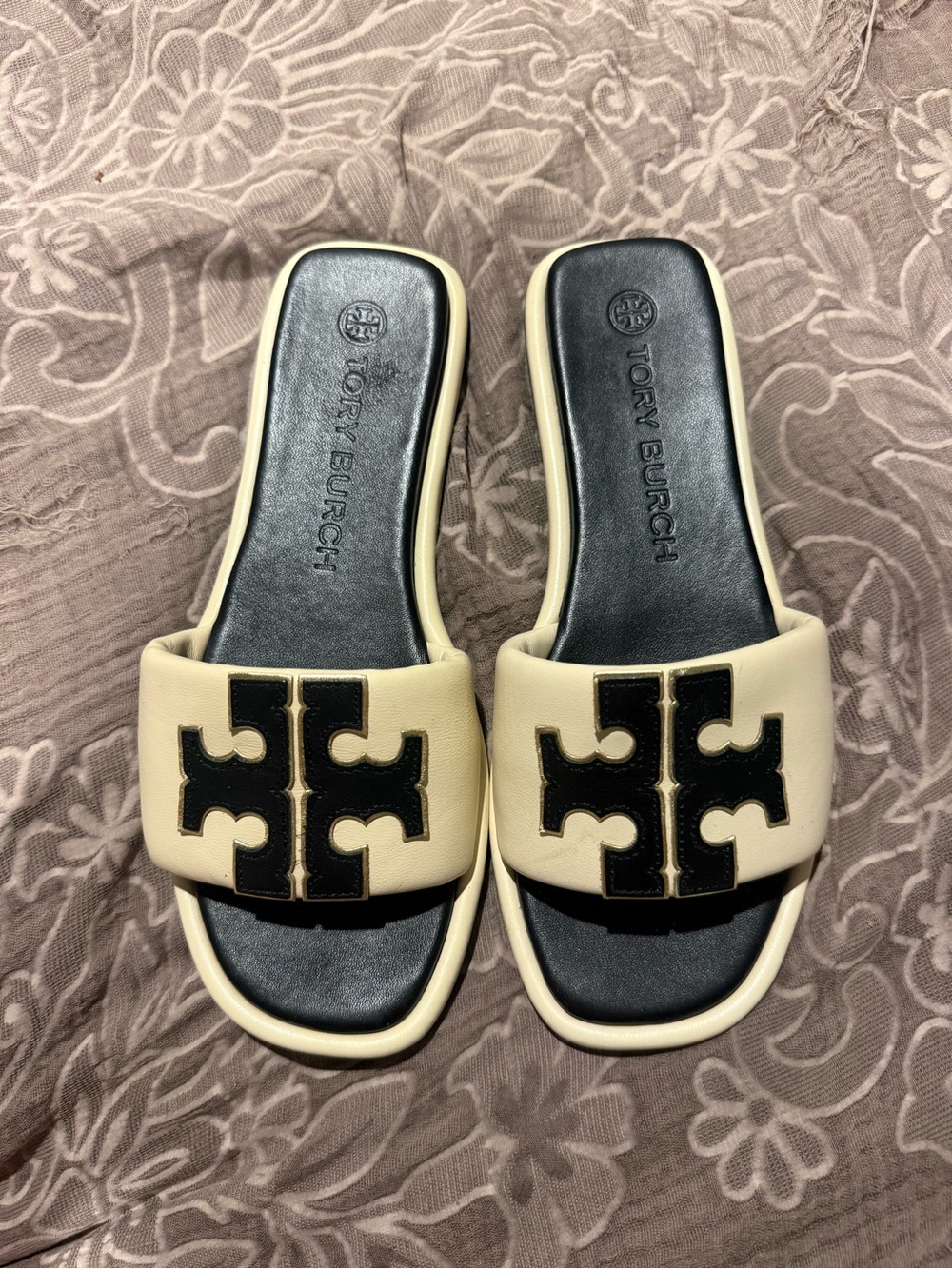 Tory Burch Double T Cream Slide Mules with Black Logo Accent